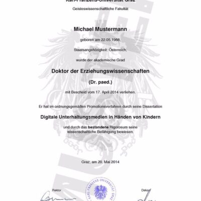 Buy Professorship Honorary Degree from Karl-Franzens-Universität Graz